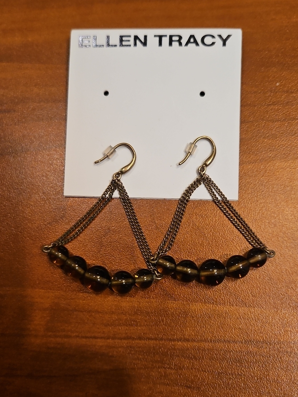 Ellen Tracy Smoky Gold Beaded Chain Drop Earrings